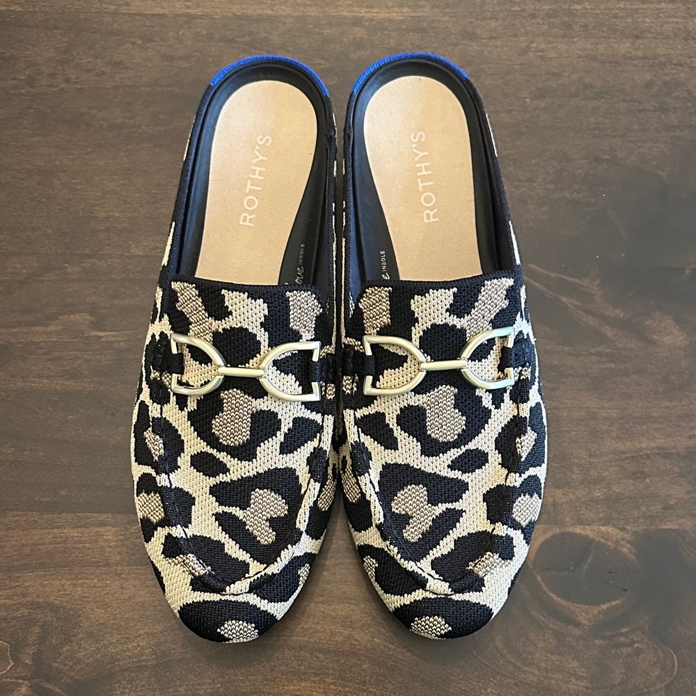 Rothy's Black and Cream Leopard Mules